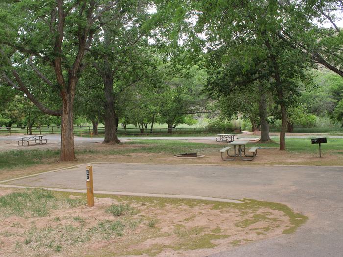 A paved driveway. Facing the end of the driveway, a picnic table, grill, and fire pit are to the right side. A tree is directly behind the site.Site 27, Loop B in summer.
Paved Dimensions: 14' x 30'