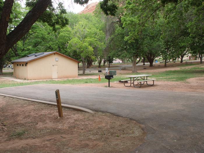 A paved driveway. Facing the end of the driveway, a picnic table, grill, and fire are to the right. A small building is behind the driveway. A large tree is to the left of the driveway. Many trees are in the background.Site 35, Loop B in summer.
Paved Dimensions: 16' x 43'