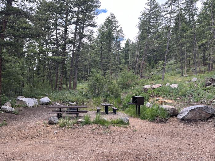 Campsite 11View of bear box, picnic tables, and fire ring. 