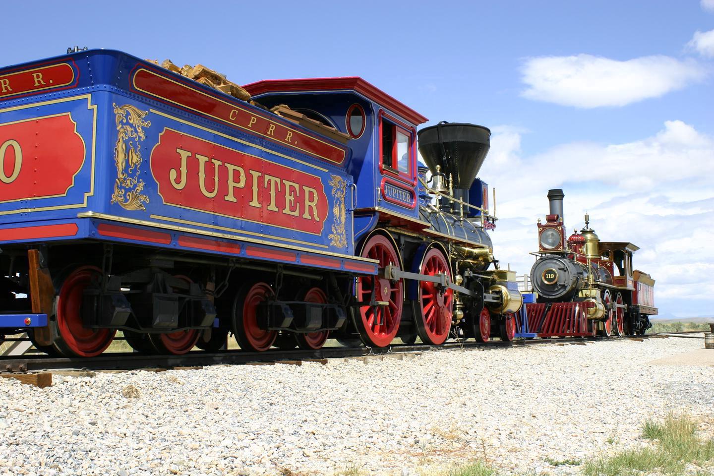 Replica Locomotives Jupiter and #119 at the Last Spike SiteConnect with the history by viewing the site's replica steam locomotives in action