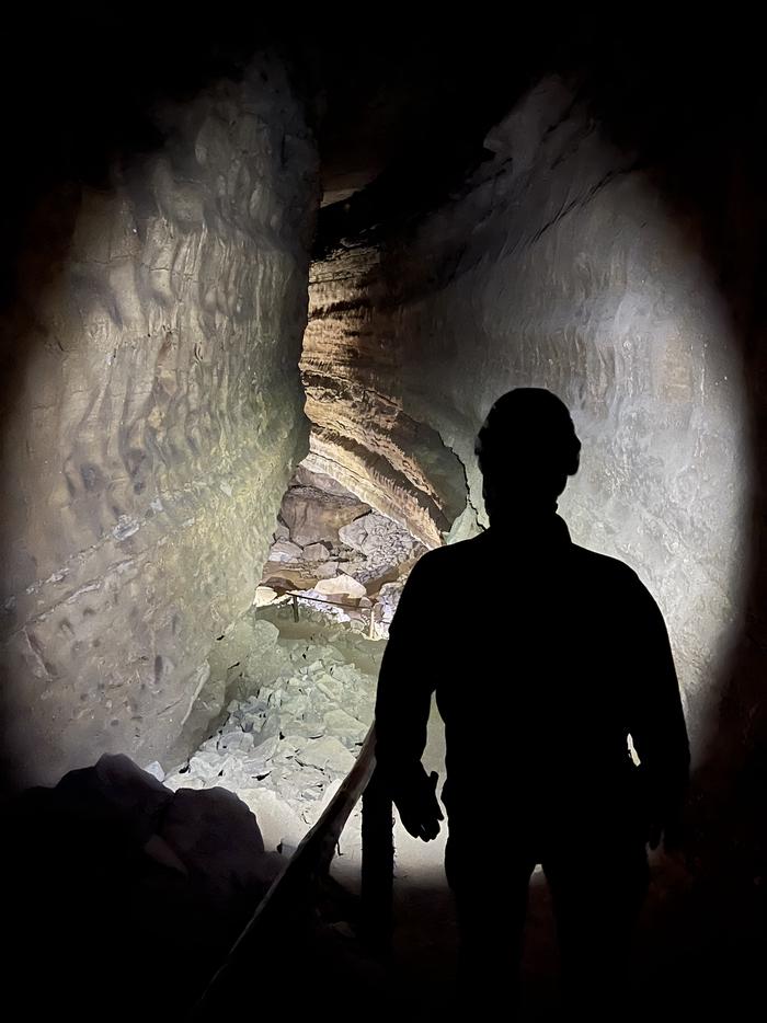 A silhouetted figure standing within a narrow portion of the cave. They hold a flashlight, illuminating the path ahead with a cool glow. The walls are towering and grooved with layers of colored sediment creating bands along them. Silhouette of a figure exploring a narrow portion of the cave system.
