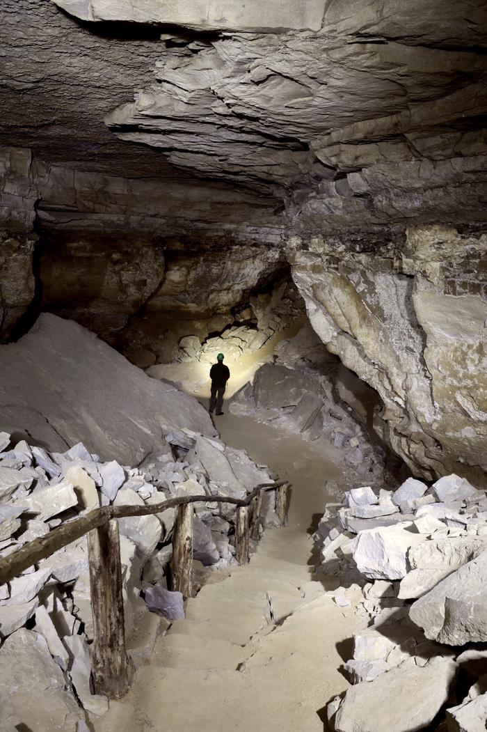 A view from the top of a rock staircase within the cave. It is dimly lit and there are mounds of cream and white colored rocks framing the stair case. At the end of the staircase there is a plateau where a silhouette figure stands admiring the cave.View from the top of the rock staircase from within the cave. 
