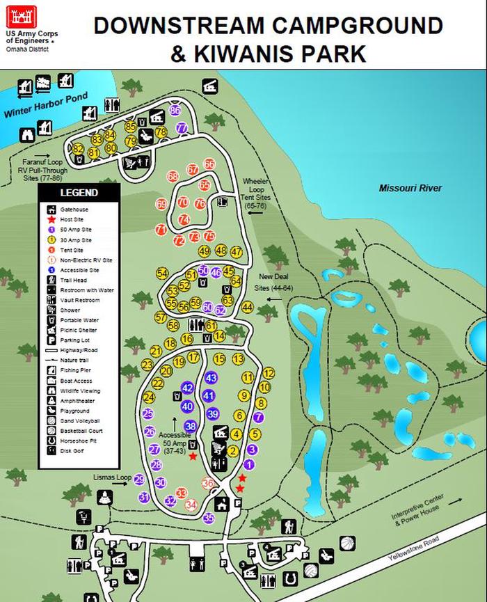 Campsite map A view of campsite loops, trail and amenities available at Downstream Campground. 