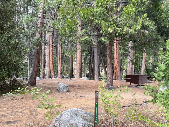 Scene showing full campsite with site number on post tent pad and bear boxSite post tent pad and bear box