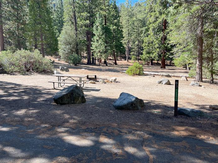 Scene showing full campsite from parking pad with numbered site post, picnic table and bear box.  Tent pad, numbered site post, picnic table and bear box. 