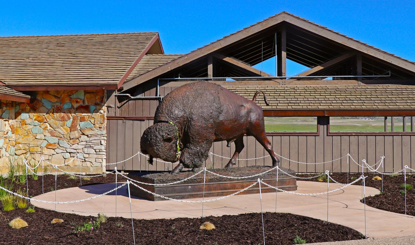 Bronze Sculpture of BisonSun hitting majestic bronze bison sculpture adjacent to visitor center