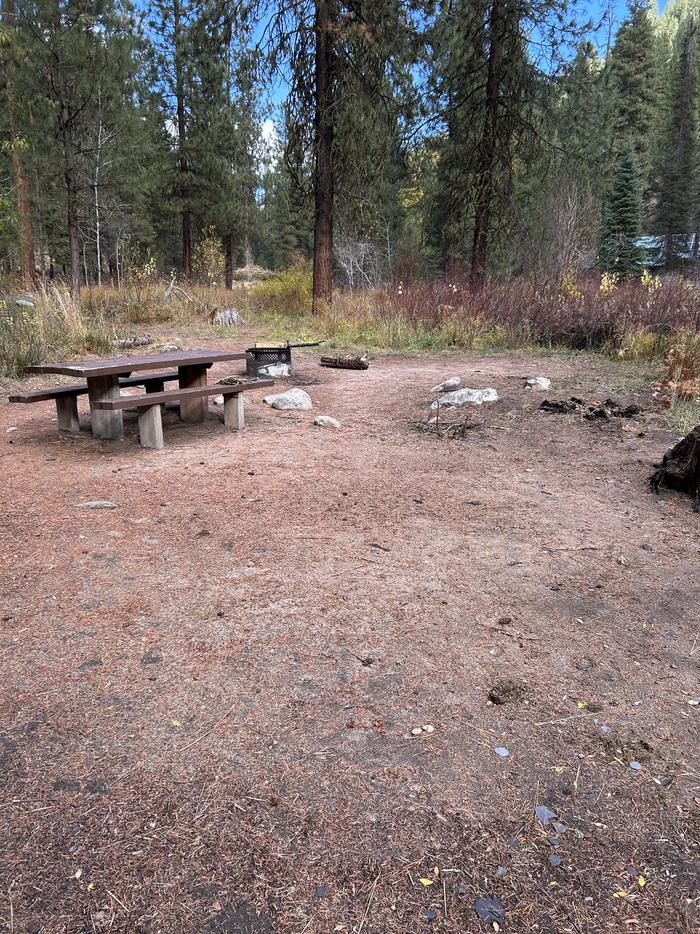 Open area in campsite next to picnic table and fire ring for tents.Open area for tent