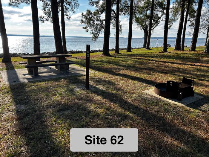 A photo of Site 62 of Loop LOOC at RAYBURN with Picnic Table, Fire Pit, Shade, Tent Pad, close view showing amenities and view of the lake. 