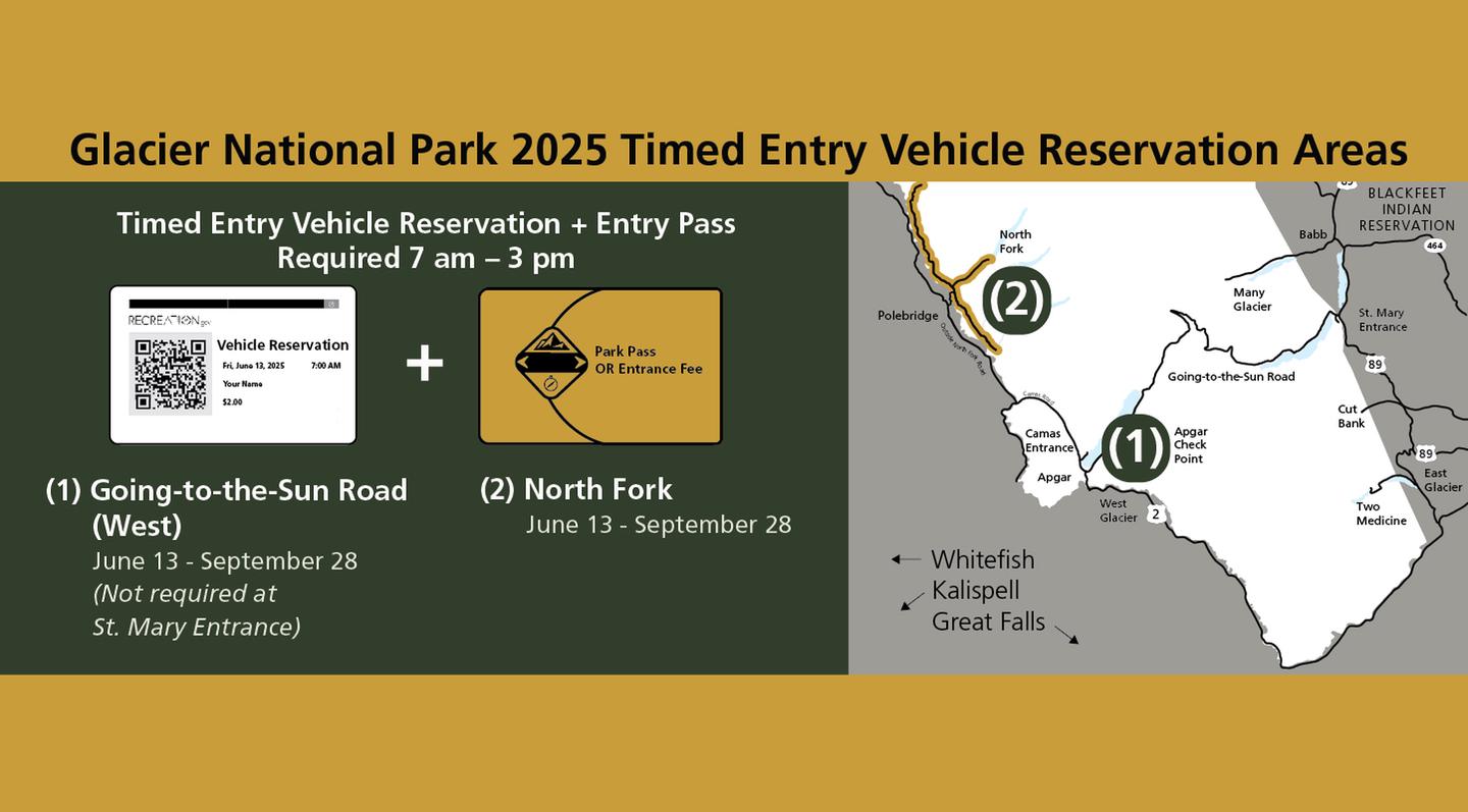 Glacier National Park 2025 timed entry vehicle reservation areas. Map with reservation areas highlighted.Glacier National Park 2025 timed entry vehicle reservation areas.