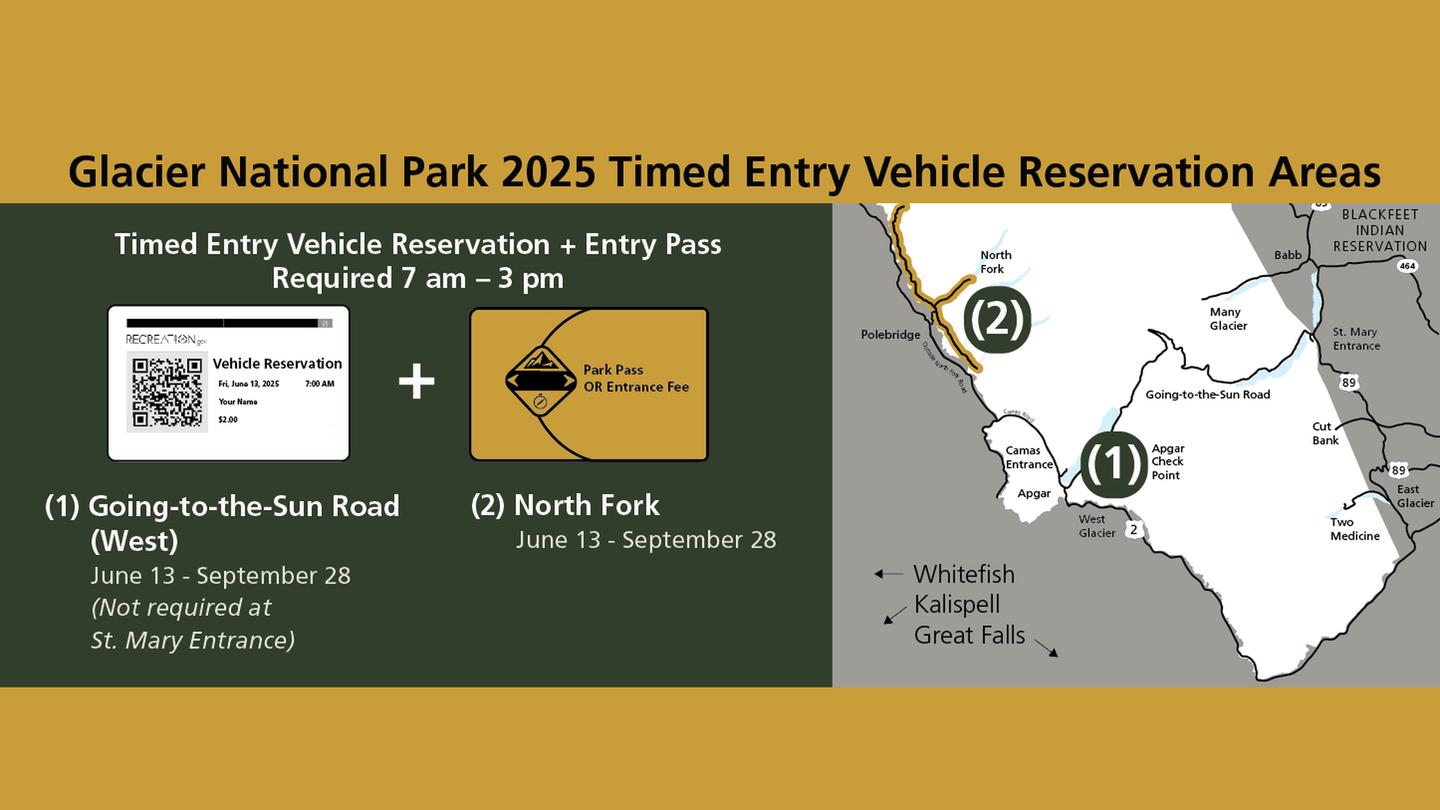 Glacier National Park 2025 timed entry vehicle reservation areas. Map with reservation areas highlighted.Glacier National Park 2025 timed entry vehicle reservation areas.