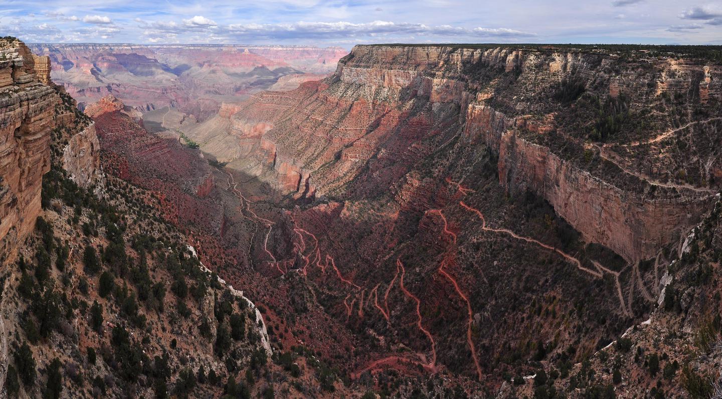 This is an aerial view of a few of the many switchbacks on upper part of the Bright Angel TrailAerial view of a few of the many switchbacks on the upper part of the Bright Angel Trail