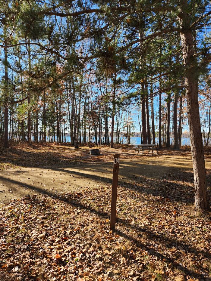 A picture of a campsite in Mabel Lake Campground with a pine tree, a site marker, and a firering.A campsite in Mabel Lake Campground