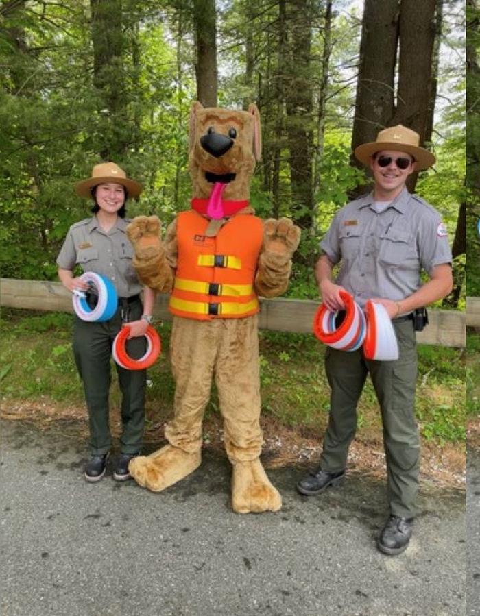 Park Rangers with Bobber the Water Safety DogPark Rangers perform water safety programs on the beach. 