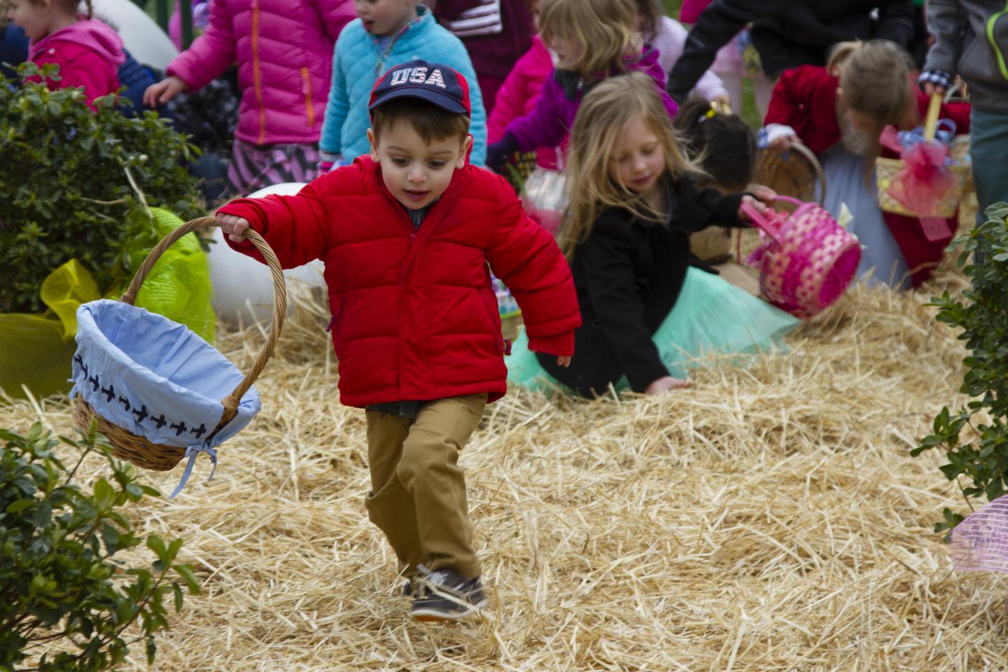 Children searching for easter eggs in hay at the White House Easter Egg Roll