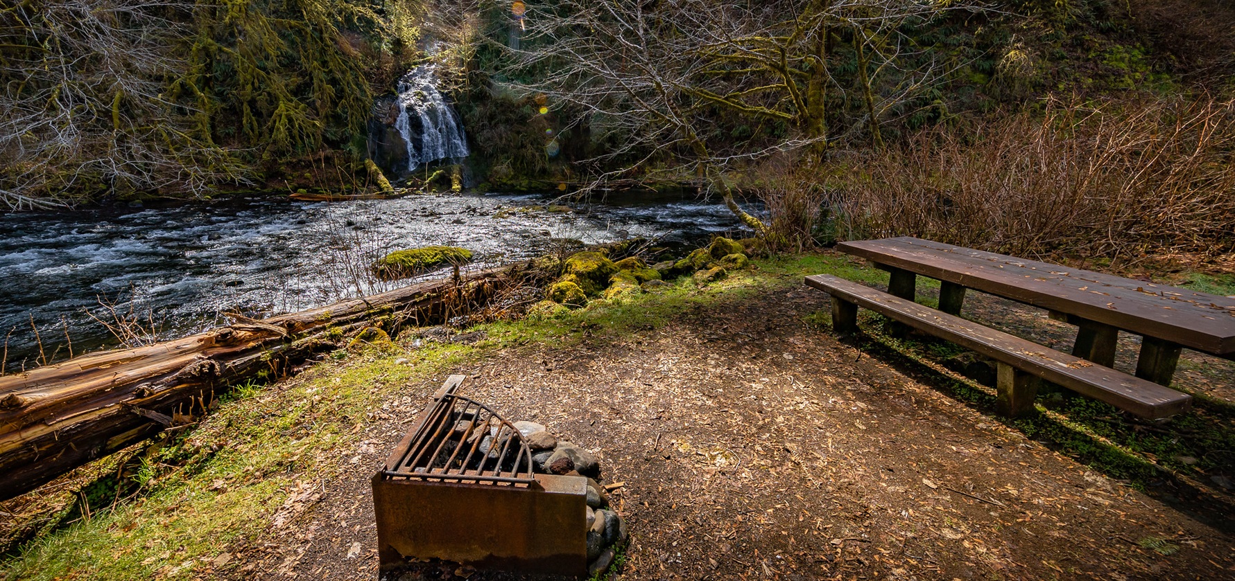 Late-winter view of Alder Glen Falls from a campsite at the Alder Glen Recreation Site on the Nestucca Wild and Scenic River