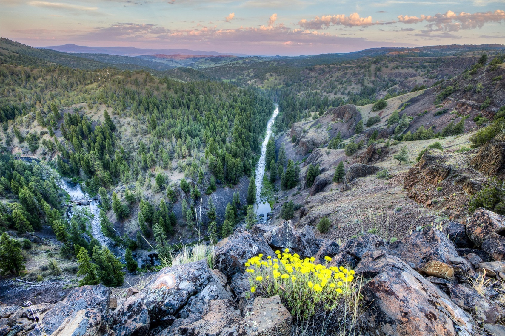 An evening view of the North Fork Crooked Wild and Scenic River