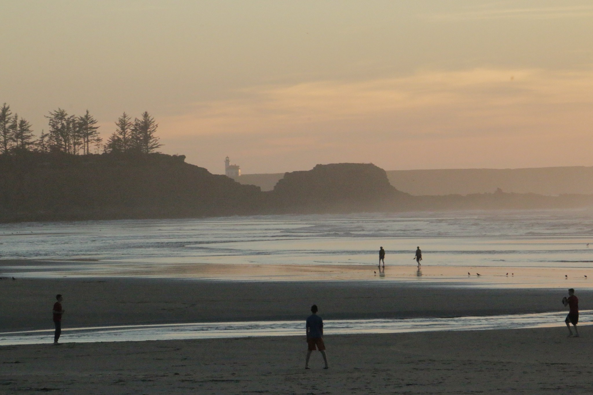 Cape Arago Lighthouse in the distance at sunset on Bastendorff Beach