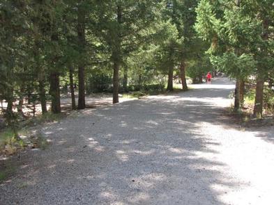 Gravel road in forest with person walking in backgroundPeaceful walk through campground