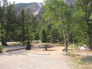 Campsite with picnic table and fire pit with mountain in backgroundCampsite with picnic table and fire pit