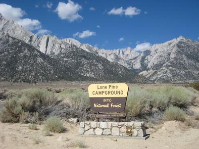 A brown and yellow Forest Service sign for Lone Pine CampgroundLone Pine Campground