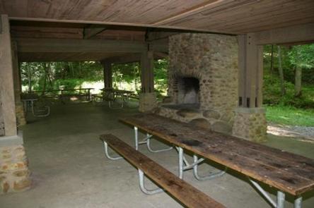 GREENBRIER PICNIC PAVILION under shelterPicnic tables in pavilion and view of fireplace