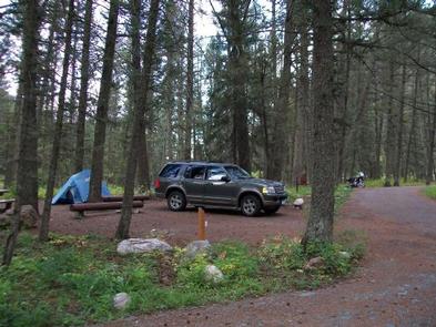 Cabin Creek campsite surrounded by pine trees, picnic table, fire ring, vehicle & tentCampsite