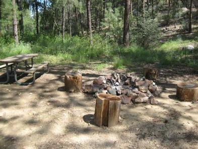 Wood chopping area with stack of chopped wood to the left of wood and metal picnic tablewood chopping area