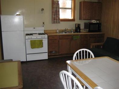 Kitchen with table, medium fridge and upper freeze next to electric stove, microwave and coffee maker on counter.Kitchen
