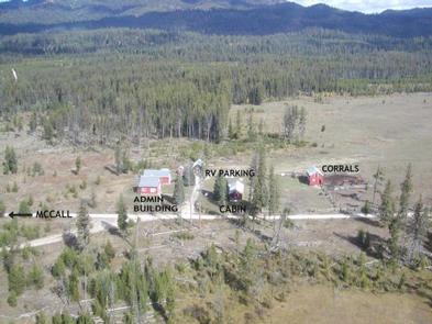 Aerial view of the Paddy Flat Guard Station Cabin compound showing administrative buildings, and corralsPaddy Flat Guard Station Cabin aerial view 