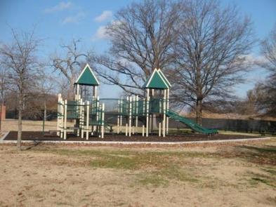 The photo shows a playground on a grassy area with scattered trees.Hains Point Picnic Area Playground