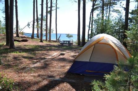 A campsite within the parkA campsite with a lake view in the background. There is a small individual tent on the right side of the photo. A picnic table is centered in the middle of the photo. There are trees surrounding the tent and scattered on the left side of the photograph. 