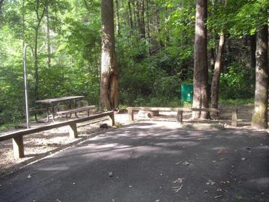 Rock Creek Campground (TN)Paved parking behind wooden rails with access to campsite with picnic table, lantern hook, fire ring and food storage locker.