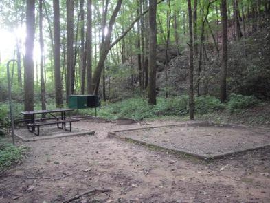 Rock Creek Campground (TN)A non-paved campsite with tent pad, picnic table, lantern hook and food storage locker. 