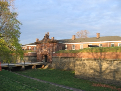 Fort Jay gate house and moat.An early spring morning view of Fort Jay. The gate house is the oldest structure on Governors Island dating back to 1794.