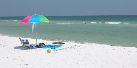 Beach SceneA beach umbrella shades a chair as blue-green waves crash against a white sand beach.