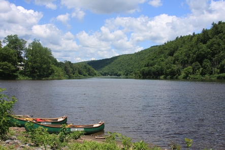 Lackawaxen, PA River Access at Upper Delaware Scenic and Recreational RiverPark Ranger canoes on the shore at Upper Delaware Scenic and Recreational River