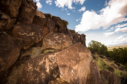 La Cieneguilla PetroglyphsPetroglyphs depicting birds, snakes and other animals are carved into the rocks at the La Cieneguilla Petroglyph site.