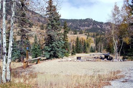 Typical campsite at Mill Creek with gravel parking area, picnic table, and fire ring.